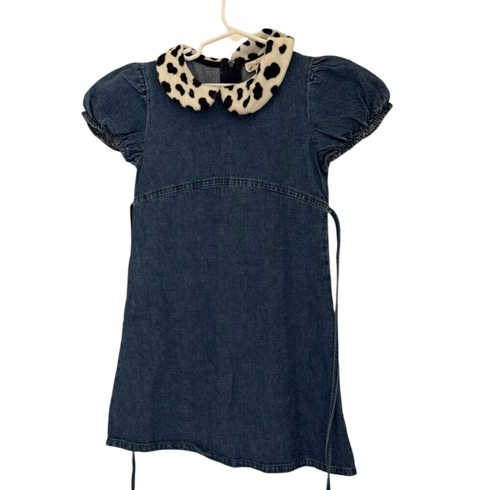 Vintage My Michelle Girls 6 Denim Dress Dalmatian Faux Fur Collar Y2K